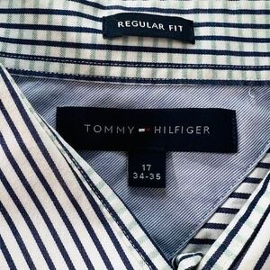 Tommy Hilfiger Mens 17 34/35 Blue Green Stripe Cotton Dress Shirt‎ Regular Fit